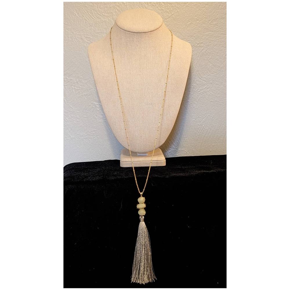 32" Long Gold Tone Beaded Chain Three Crystal Satin Tassel Necklace